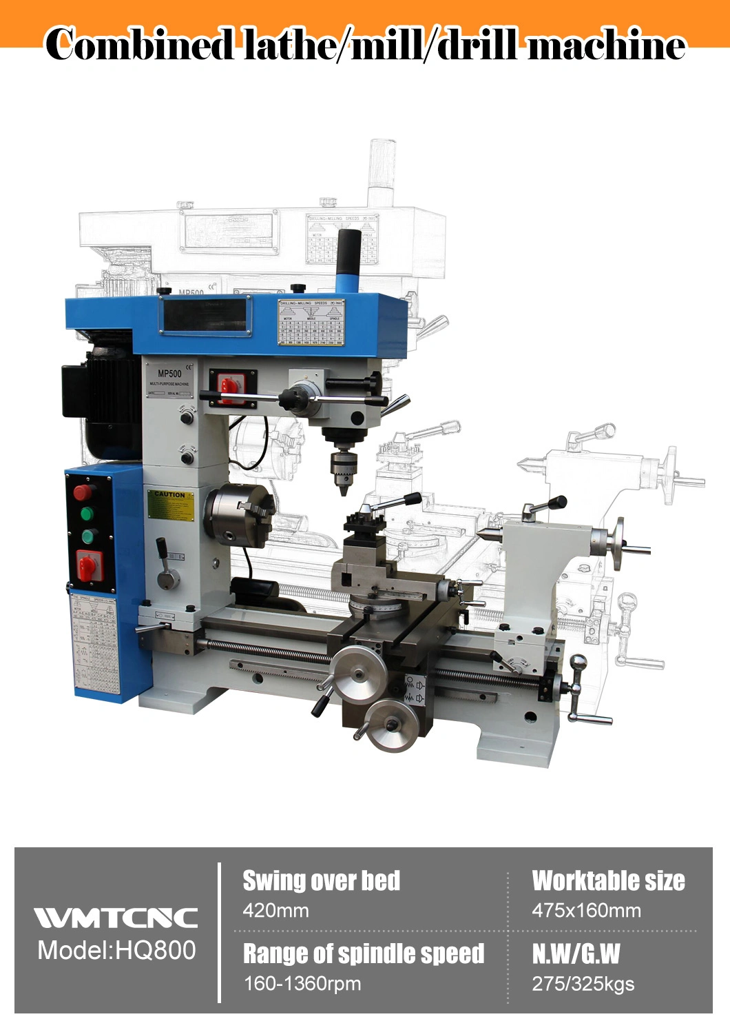 WMTCNC MP800 mini lathe mill drill combo 3 in 1 lathe machine with CE Standard